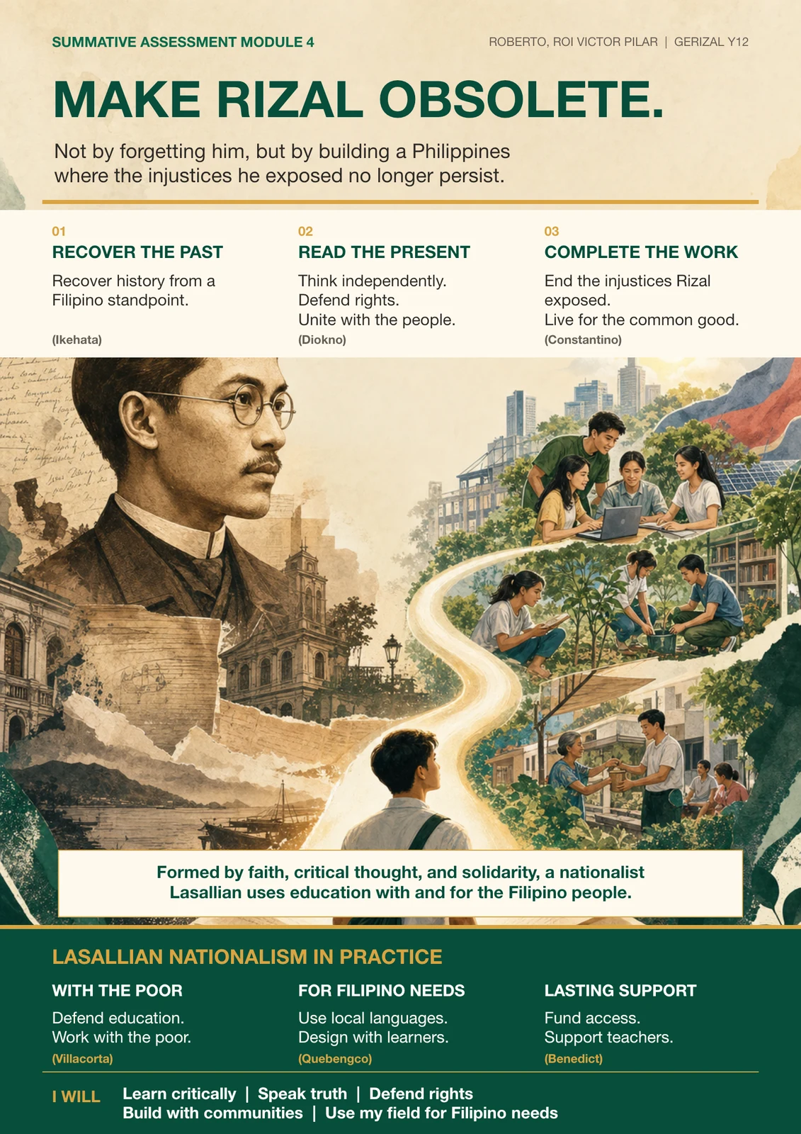 Infographic arguing that Rizal becomes obsolete only when education, nationalism, and collective action remove the injustices he criticized.
